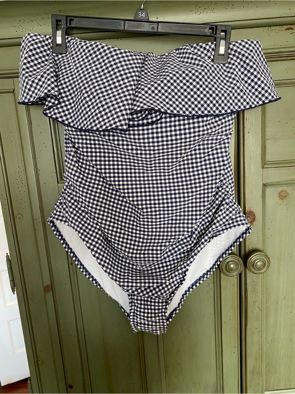NWT Gingham Off-Shoulder One-Piece Swimsuit - Navy & White